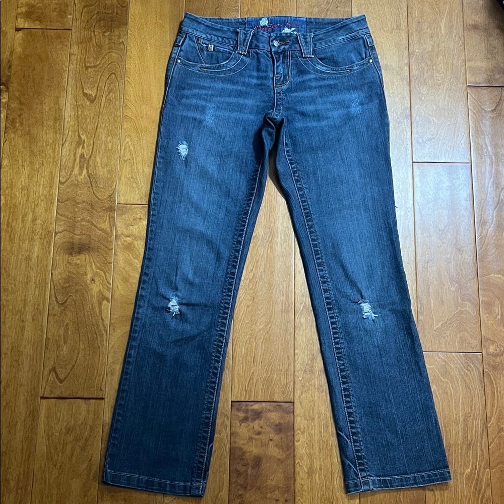 Vintage Candie’s Y2K Bootcut Jeans Size 5 Embroidered Distressed Low Rise Retro
